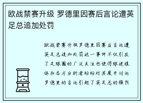 欧战禁赛升级 罗德里因赛后言论遭英足总追加处罚
