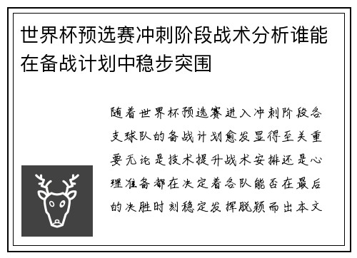 世界杯预选赛冲刺阶段战术分析谁能在备战计划中稳步突围